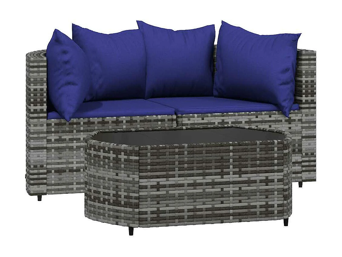 Set de muebles de jardín 3 pzas y cojines ratán sintético gris