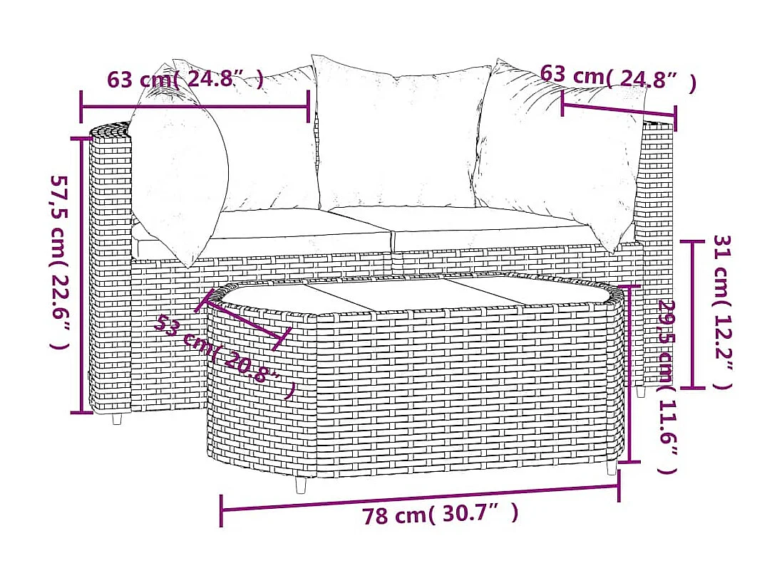 Set de muebles de jardín 3 pzas y cojines ratán sintético gris