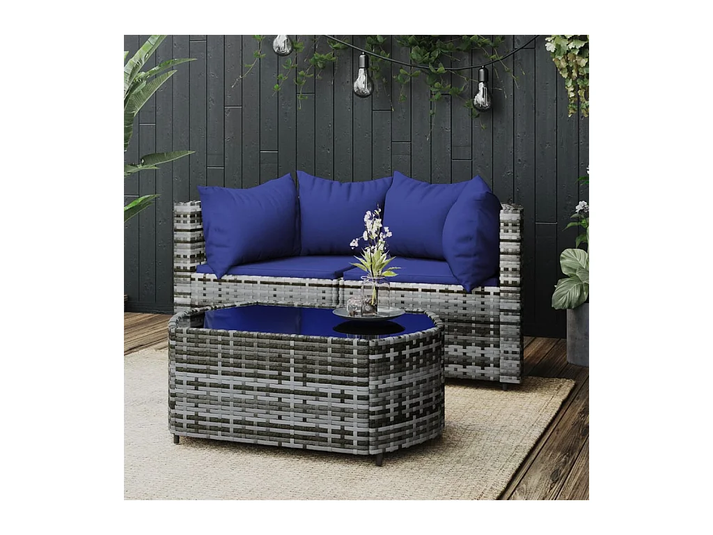 3-delige Loungeset met kussens poly rattan grijs