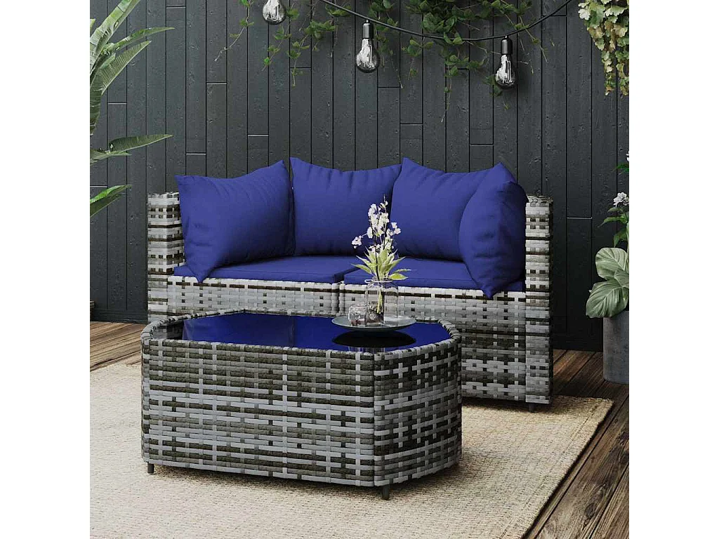 3-delige Loungeset met kussens poly rattan grijs