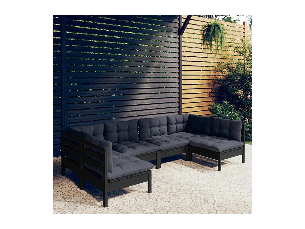Muebles de jardín 6 pzas y cojines negro madera maciza de pino
