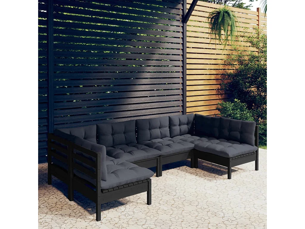 6 pcs conjunto lounge jardim c/ almofadões pinho maciço preto