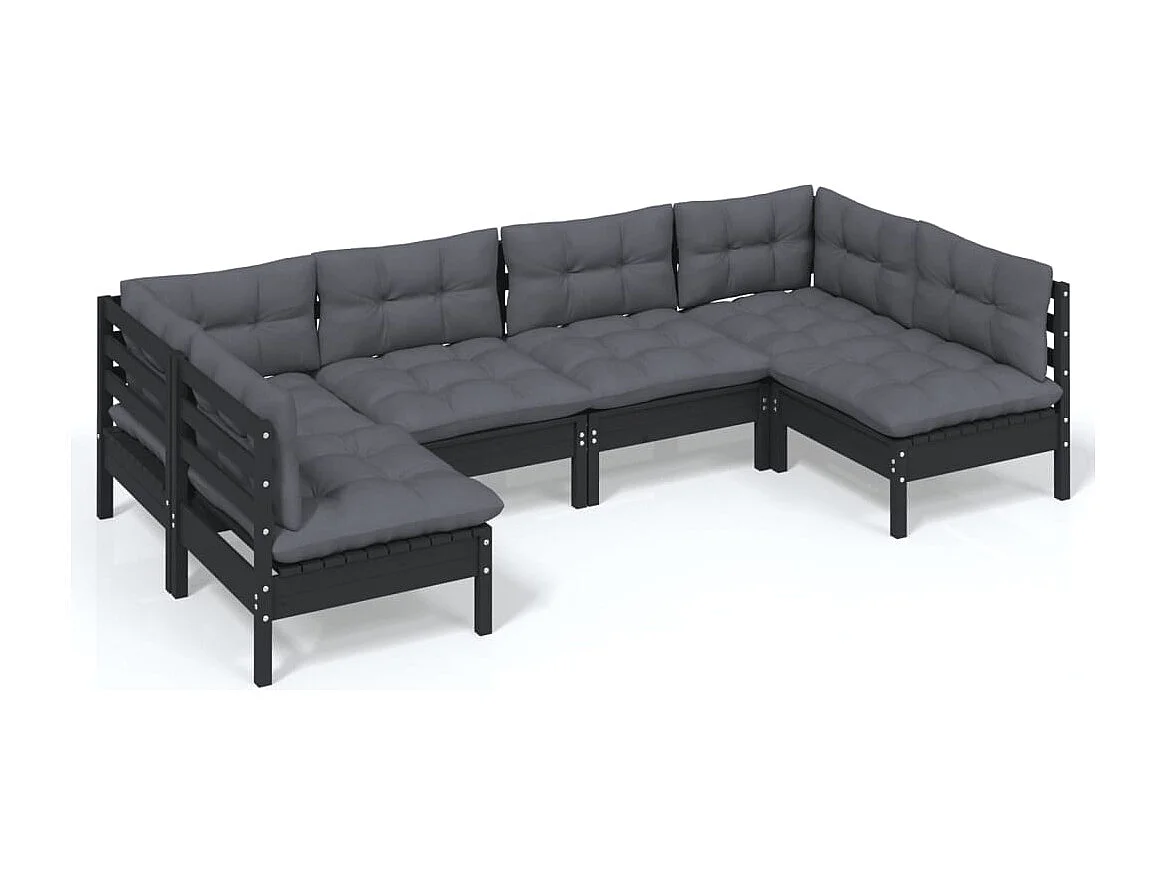 6 pcs conjunto lounge jardim c/ almofadões pinho maciço preto