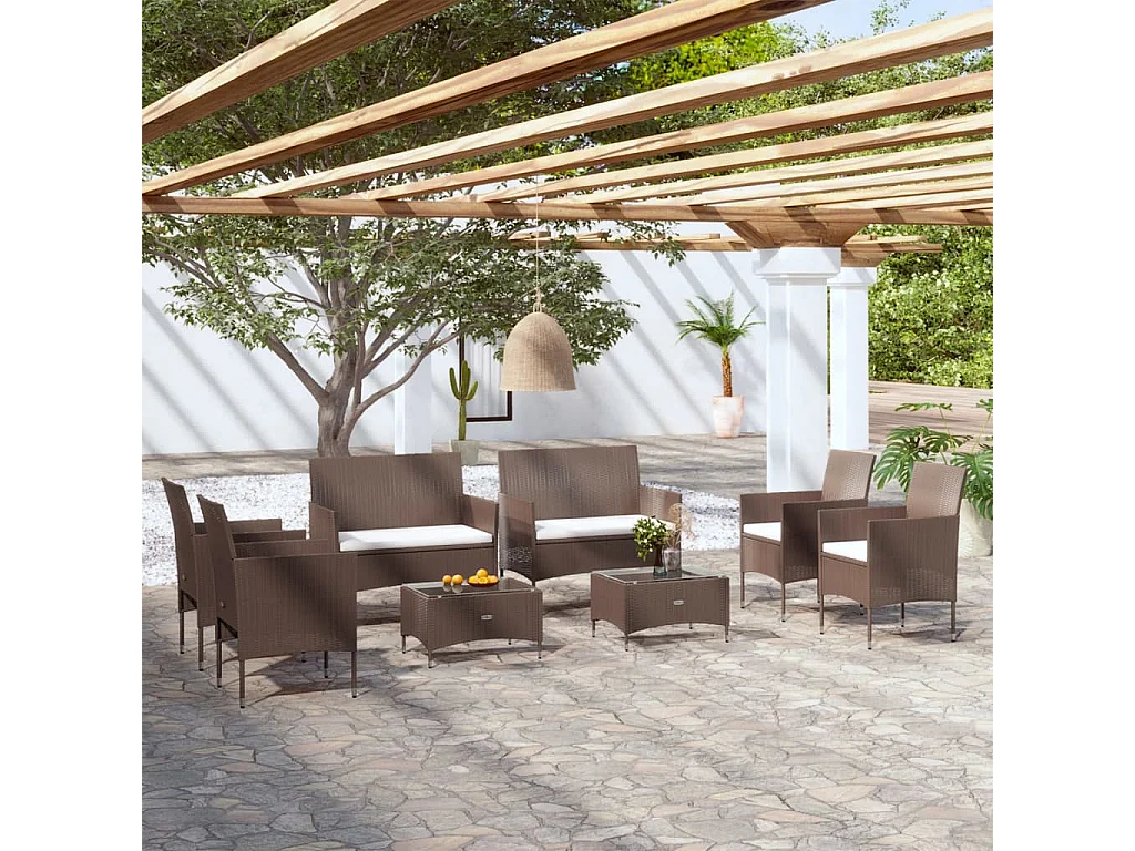 Salon de jardin 8 pcs avec coussins résine tressée marron