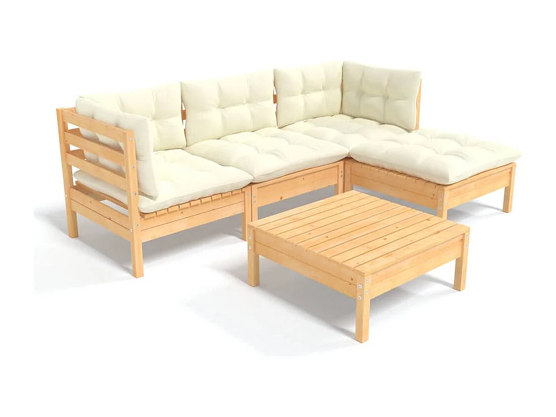 Salon de jardin 5 pcs avec coussins crème bois de pin