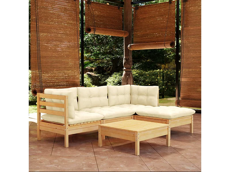 Salon de jardin 5 pcs avec coussins crème bois de pin