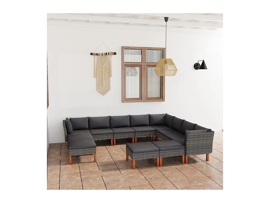 12-delige Loungeset met kussens poly rattan grijs
