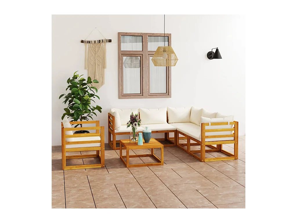 Salon de jardin 7 pcs avec coussin Crème Bois d'acacia solide