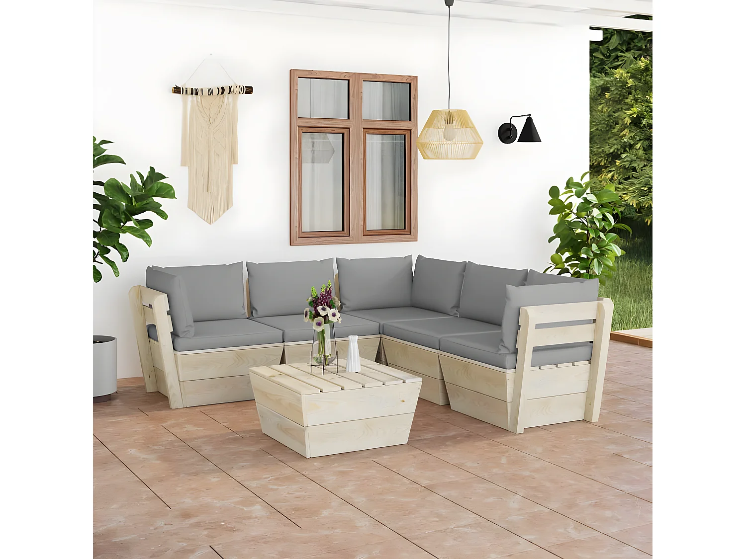 Salon de jardin palette 6 pcs avec coussins bois d'épicéa
