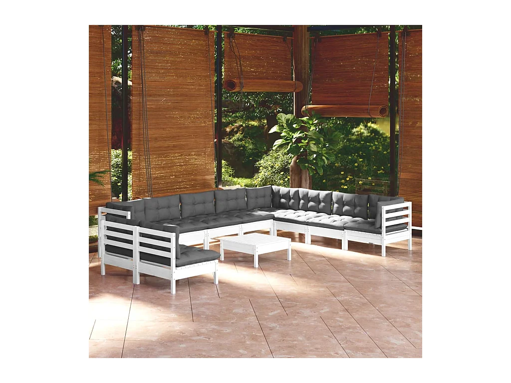 Set Divani da Giardino 11 pz con Cuscini Bianchi Legno di Pino