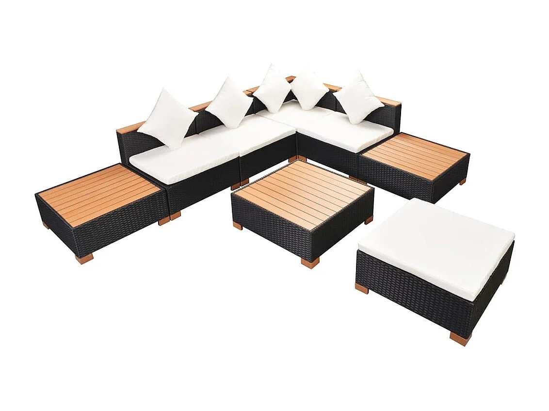 8 pcs conjunto lounge de jardim c/ almofadões vime PE preto