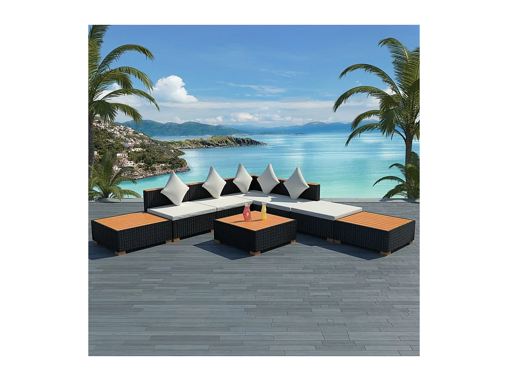 Salon de jardin 8 pcs avec coussins résine tressée noir