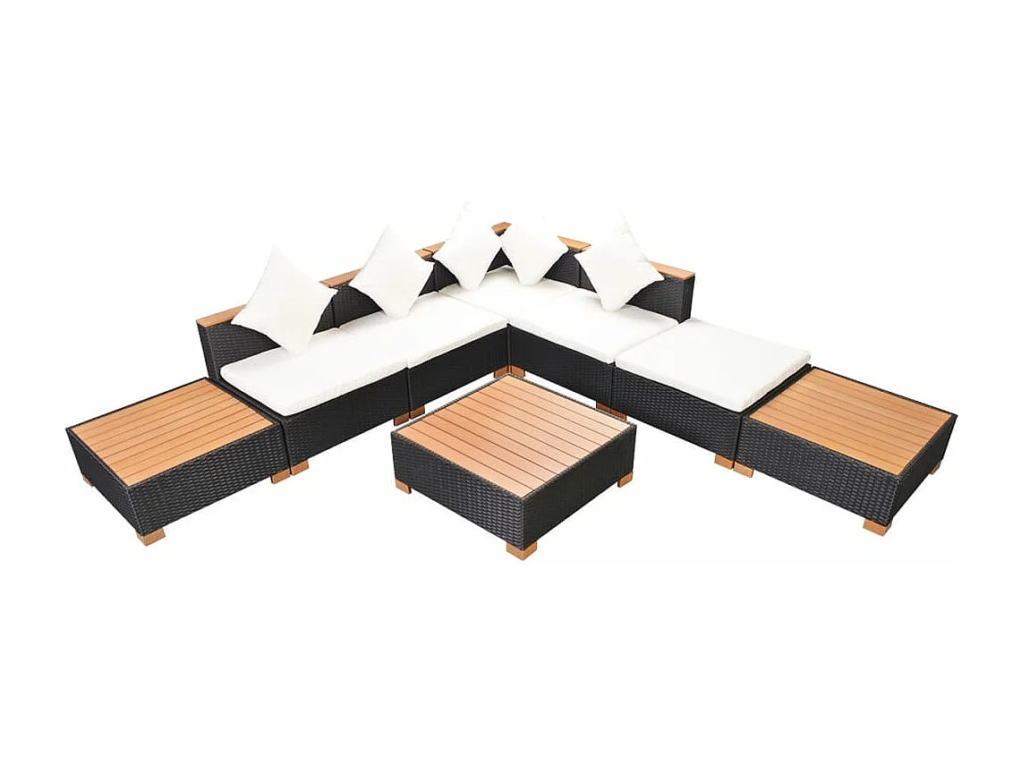 8-delige Loungeset met kussens poly rattan zwart