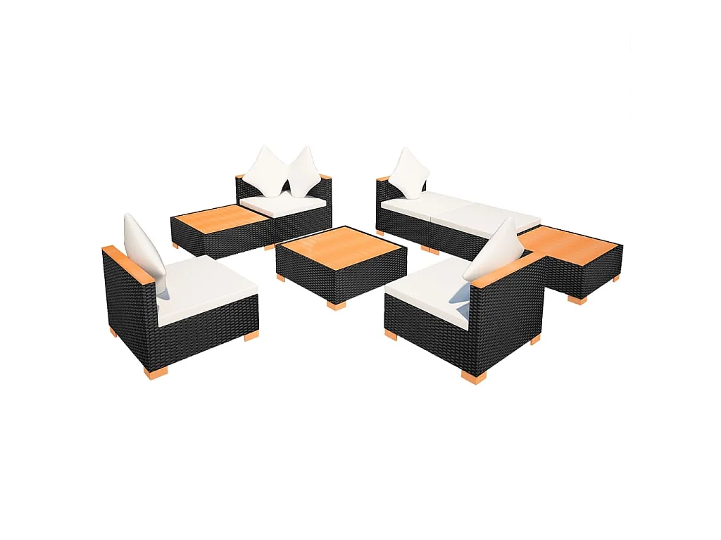 8-delige Loungeset met kussens poly rattan zwart
