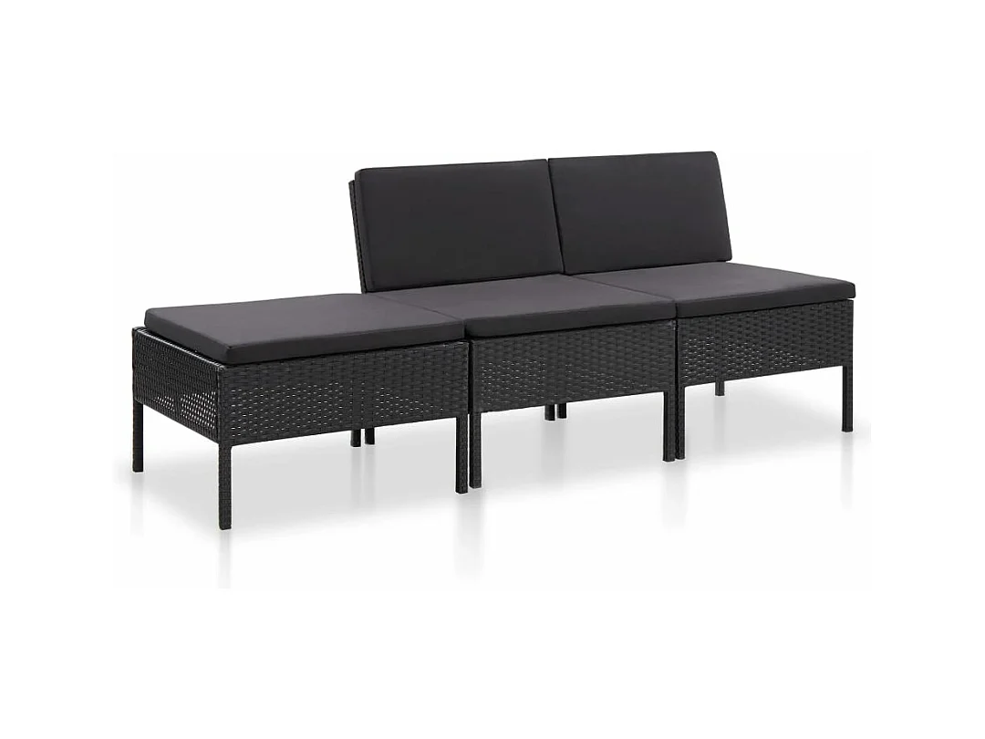 Salon de jardin 3 pcs avec coussins Résine tressée Noir