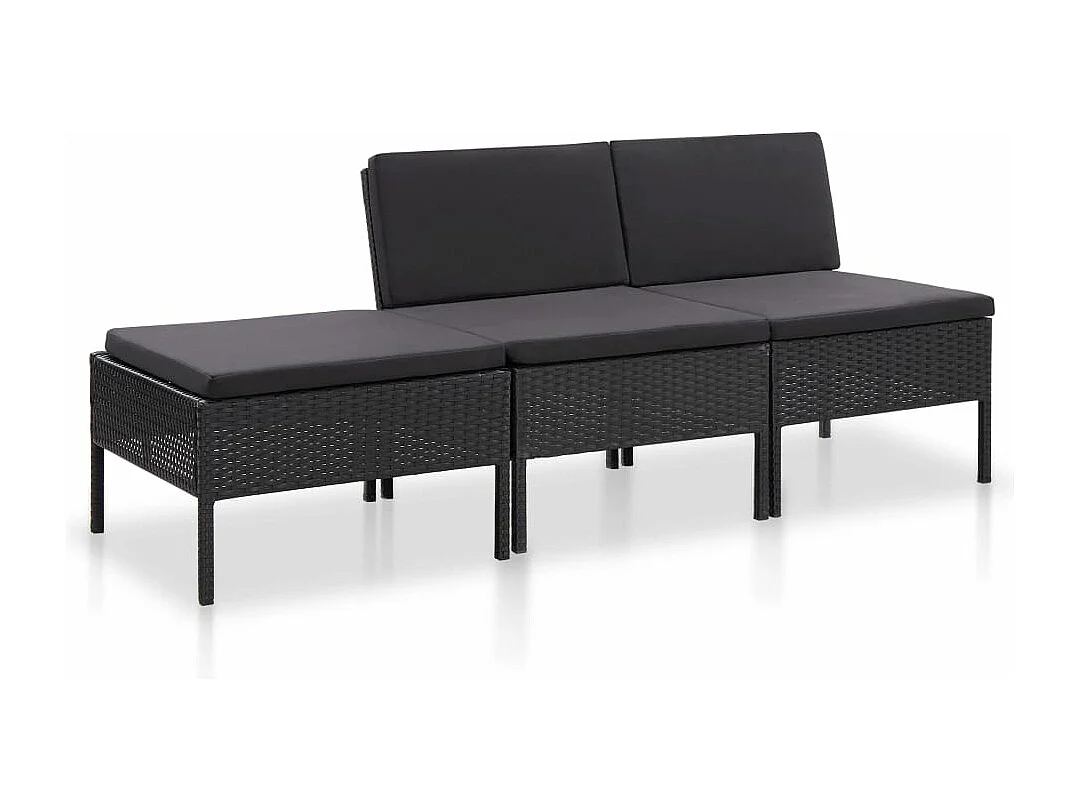 3 pcs conjunto lounge de jardim c/ almofadões vime PE preto