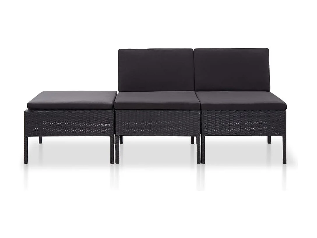 3 pcs conjunto lounge de jardim c/ almofadões vime PE preto
