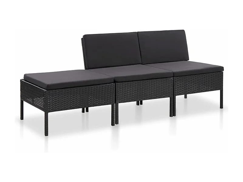 3-delige Loungeset met kussens poly rattan zwart