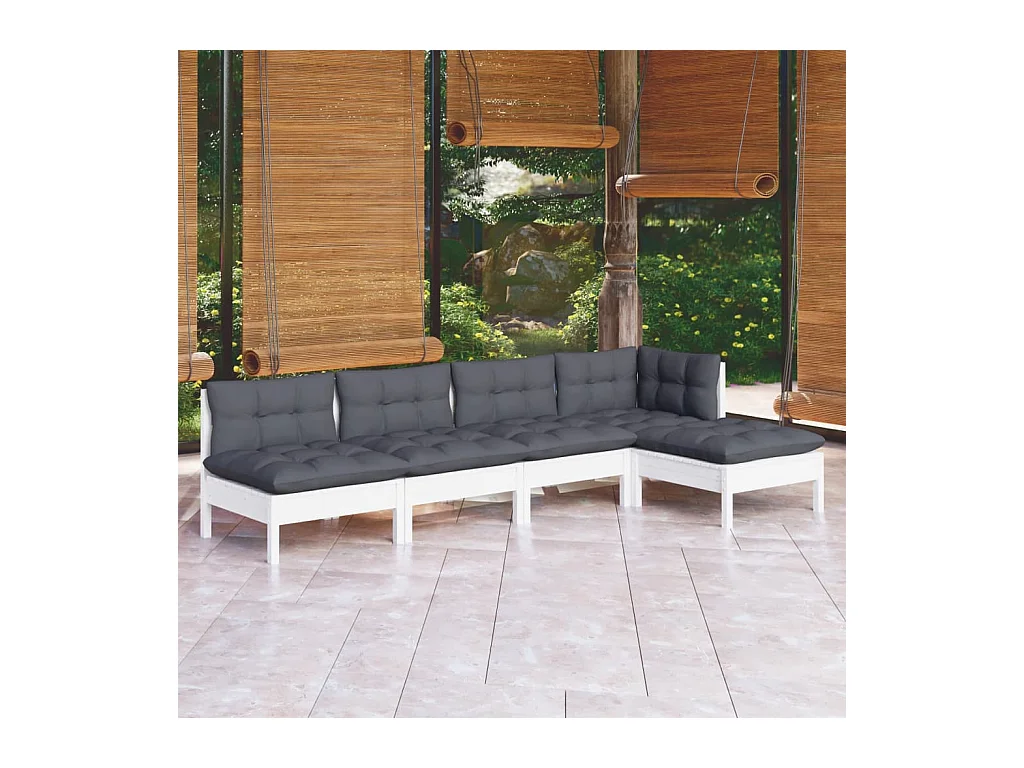 Set Divani da Giardino 5 pz con Cuscini Bianchi Legno di Pino