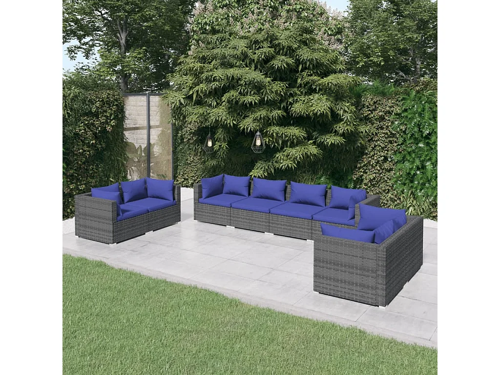 8-tlg. Garten-Lounge-Set mit Kissen Poly Rattan Grau