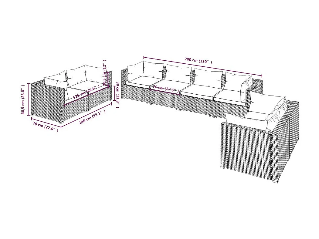 8-tlg. Garten-Lounge-Set mit Kissen Poly Rattan Grau