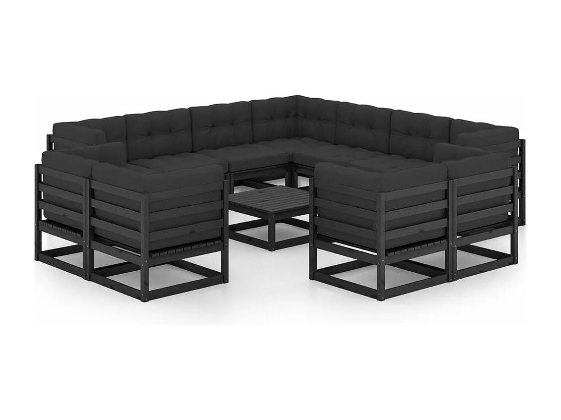 Salon de jardin 12 pcs avec coussins Noir Bois de pin massif