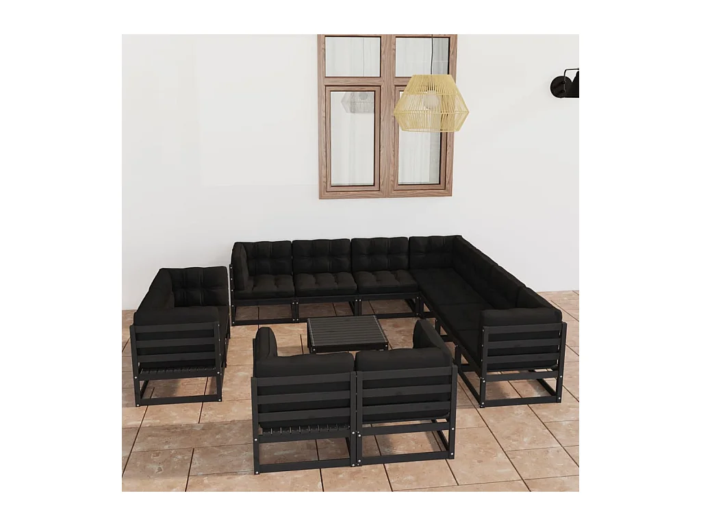 12-tlg. Garten-Lounge-Set mit Kissen Schwarz Massivholz Kiefer