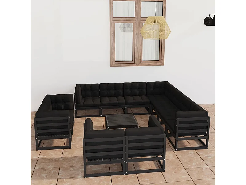 12 pcs conjunto lounge jardim c/ almofadões pinho maciço preto