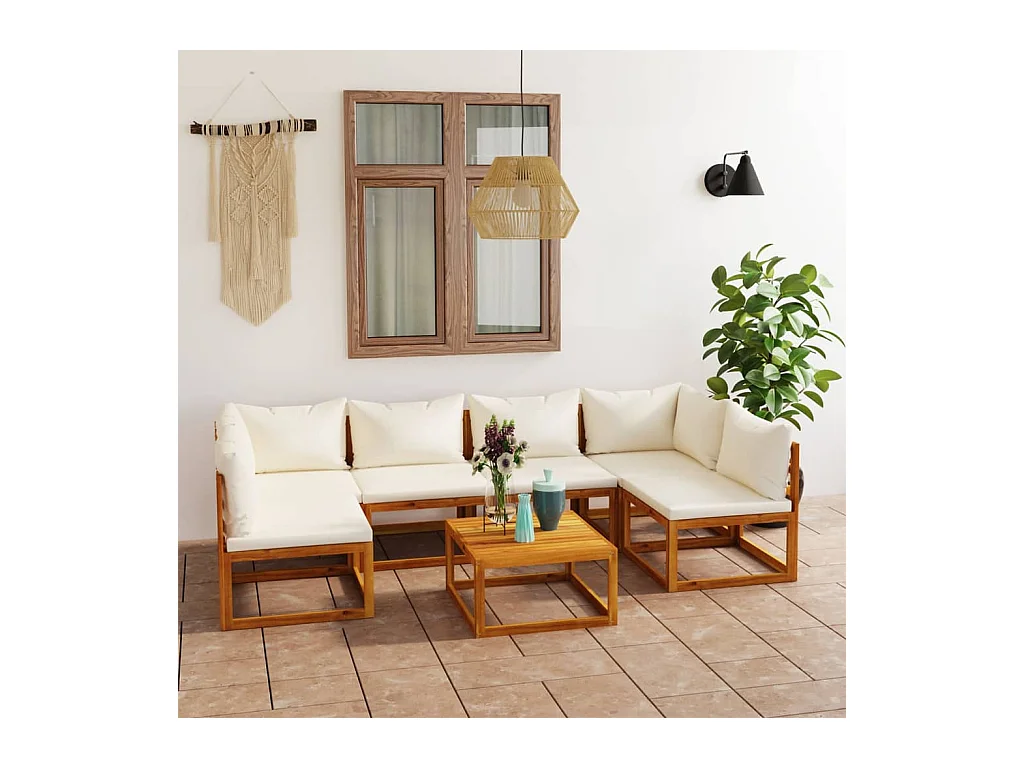 Salon de jardin 7 pcs avec coussin Crème Bois d'acacia solide