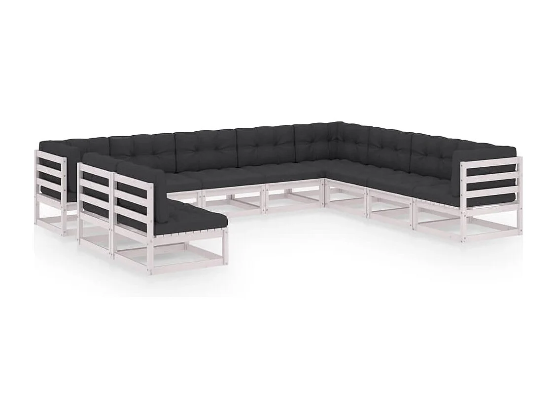 Salon de jardin 10 pcs avec coussins Blanc Bois de pin massif