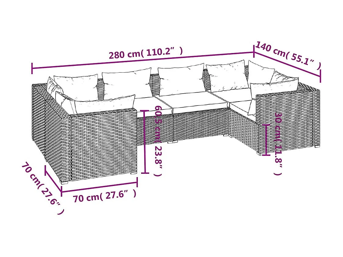6-tlg. Garten-Lounge-Set mit Kissen Poly Rattan Grau