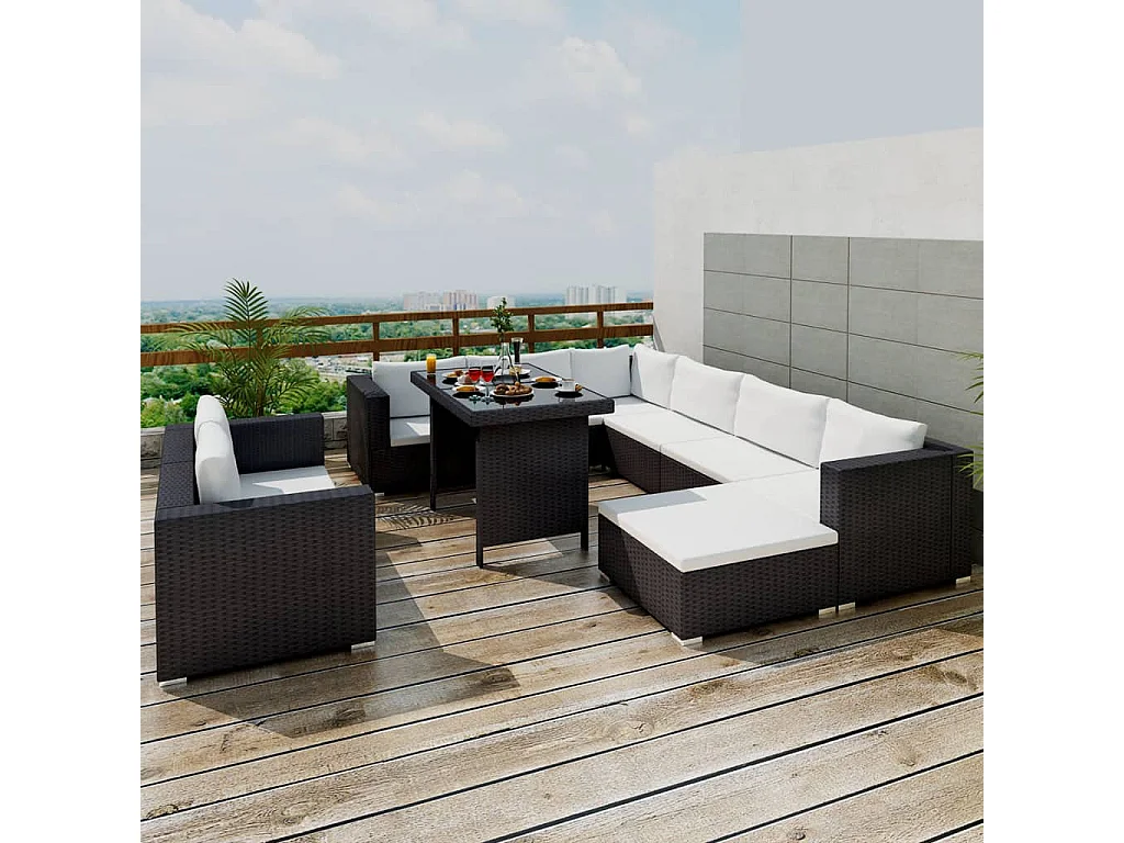 Salon de jardin 10 pcs avec coussins Résine tressée Noir