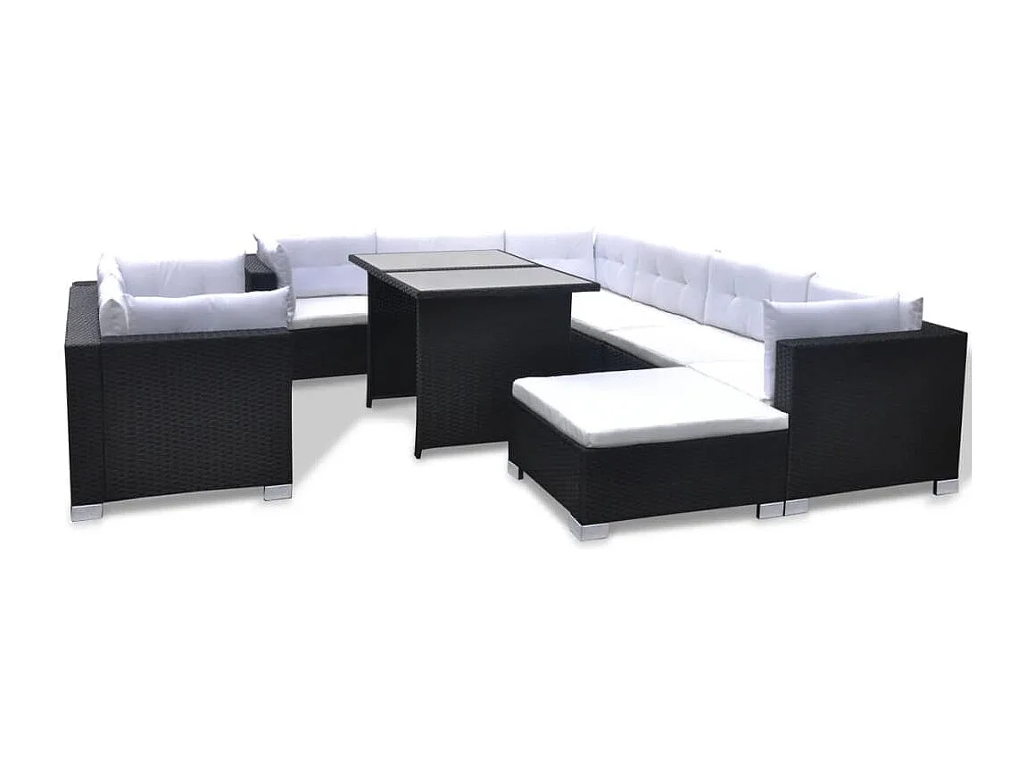 Salon de jardin 10 pcs avec coussins Résine tressée Noir