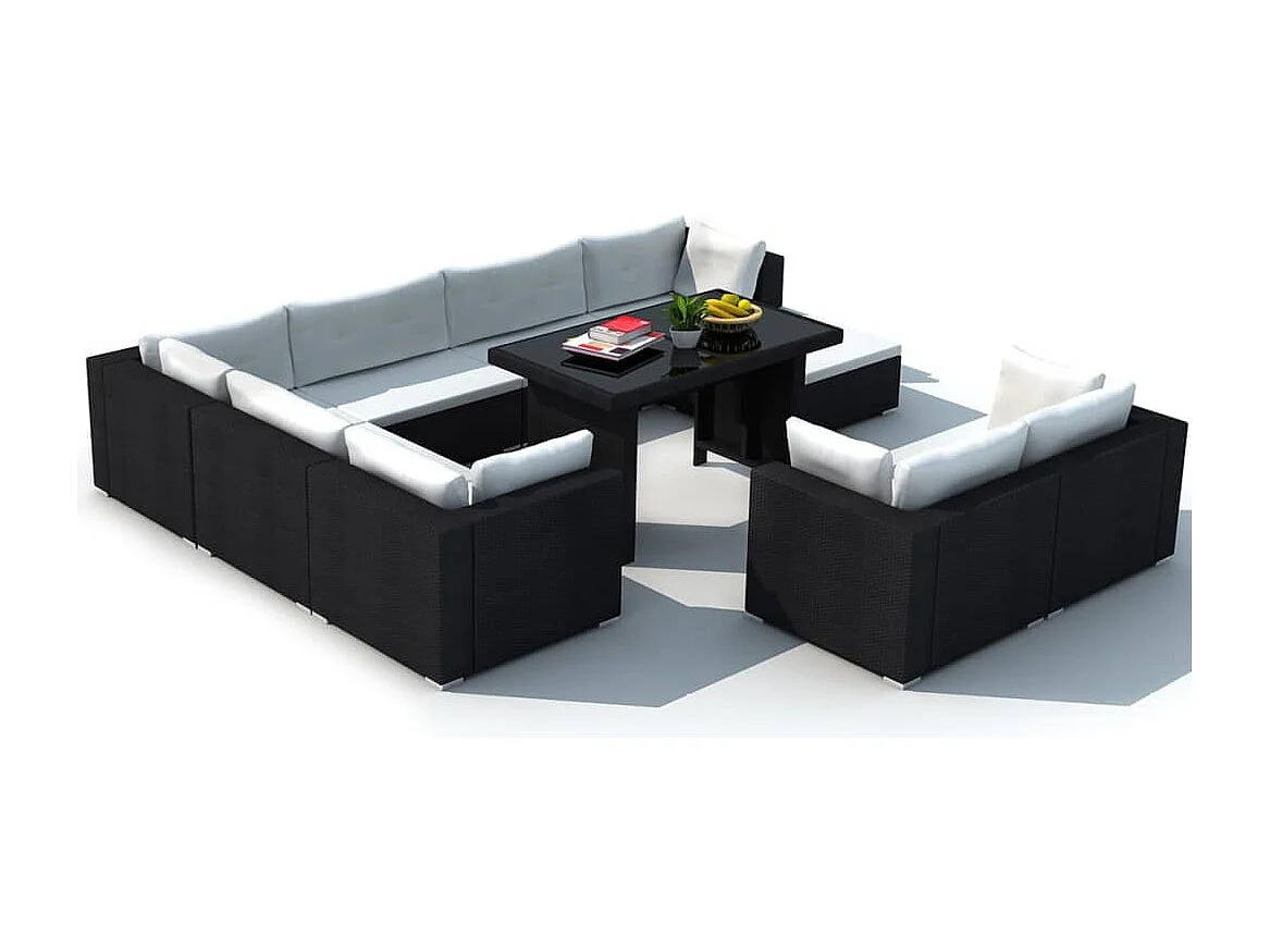 Salon de jardin 10 pcs avec coussins Résine tressée Noir