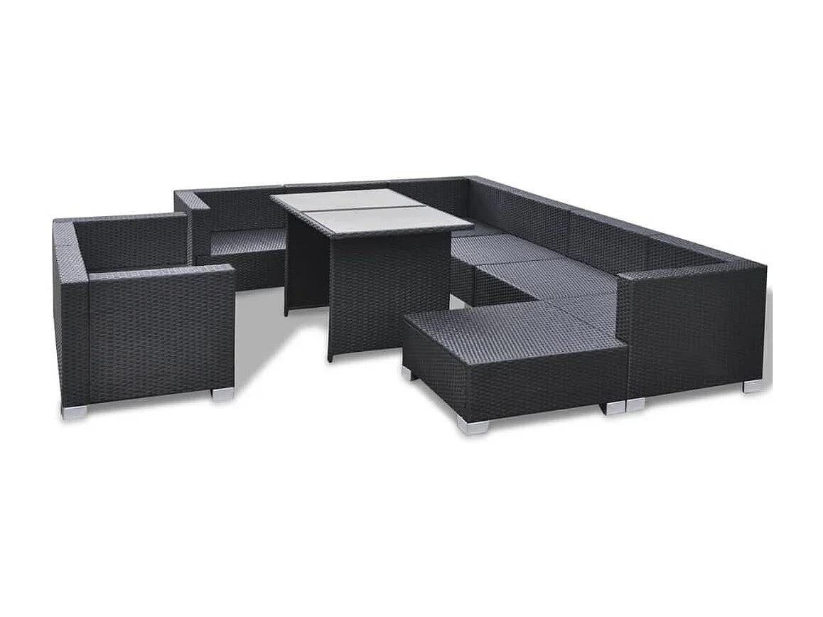 Salon de jardin 10 pcs avec coussins Résine tressée Noir