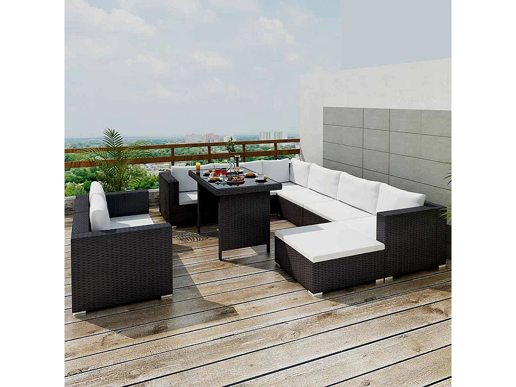 Set Divani da Giardino 10 pz con Cuscini in Polyrattan Nero