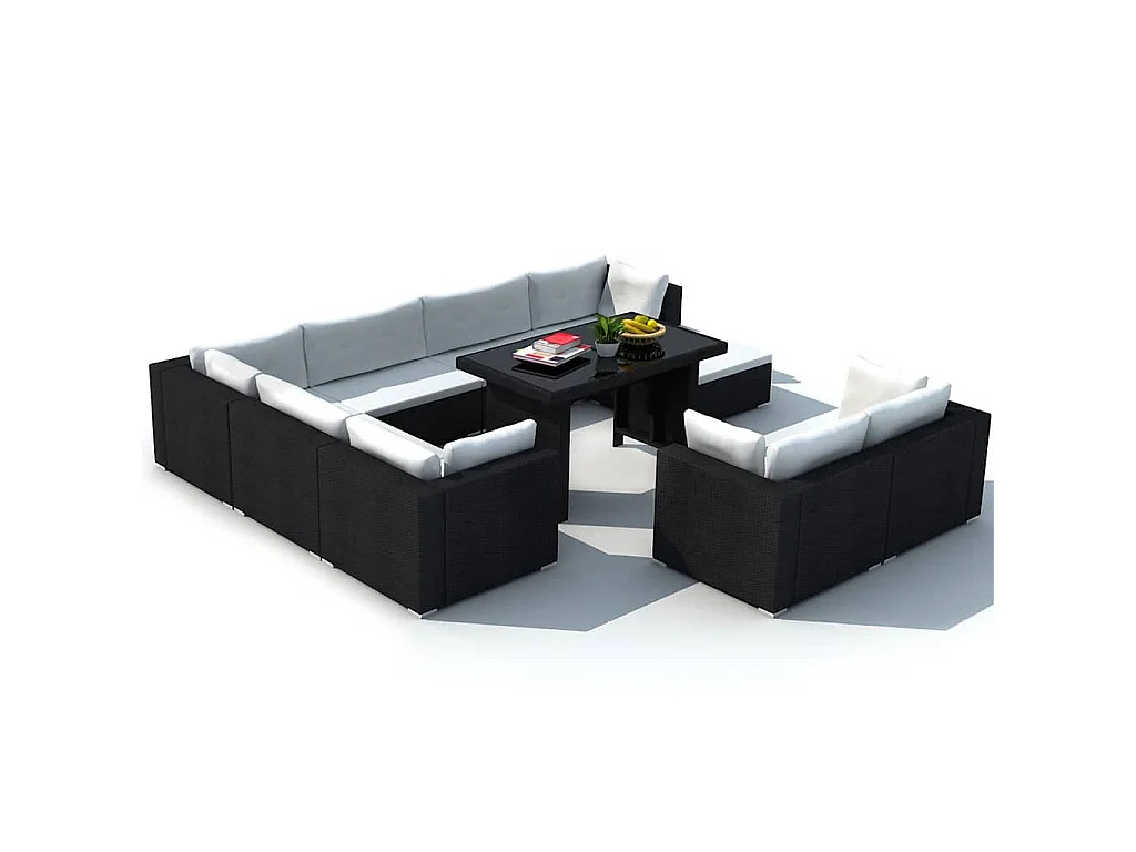 Set Divani da Giardino 10 pz con Cuscini in Polyrattan Nero