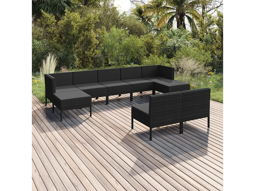 Set Divani da Giardino 9 pz con Cuscini in Polyrattan Nero