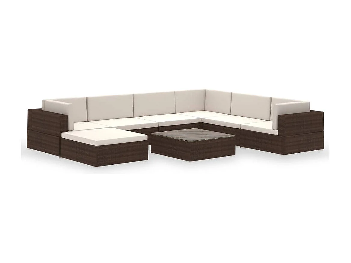 8 pcs conjunto lounge jardim c/ almofadões vime PE castanho