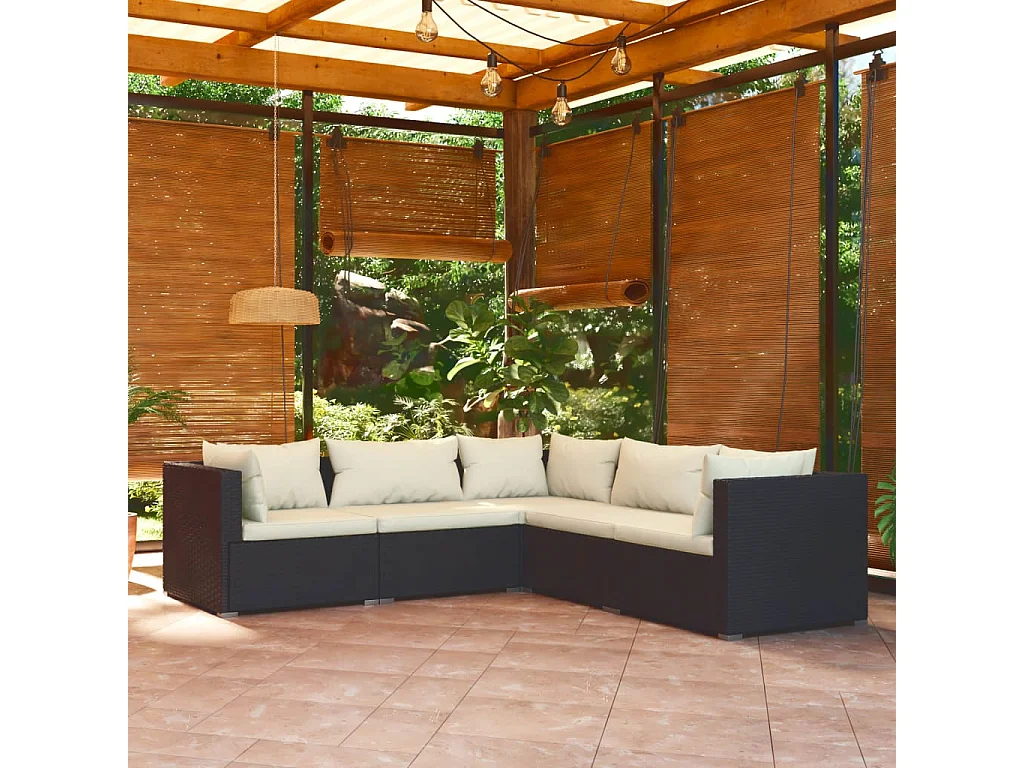 5-tlg. Garten-Lounge-Set mit Kissen Poly Rattan Schwarz