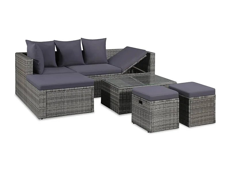 4 pcs conjunto lounge de jardim c/ almofadões vime PE cinzento