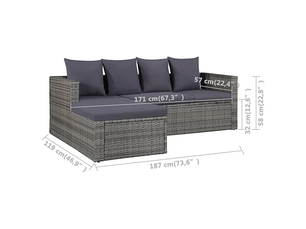 Set Divani da Giardino 4 pz con Cuscini in Polyrattan Grigio