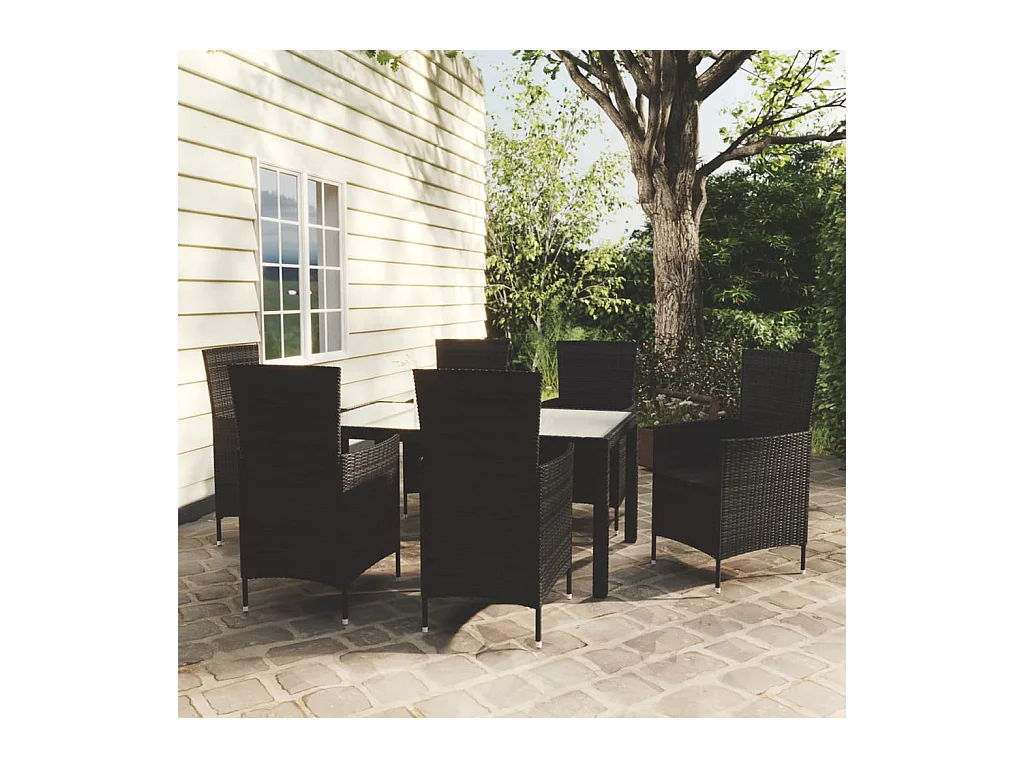Salon de jardin 7 pcs avec coussins résine tressée noir