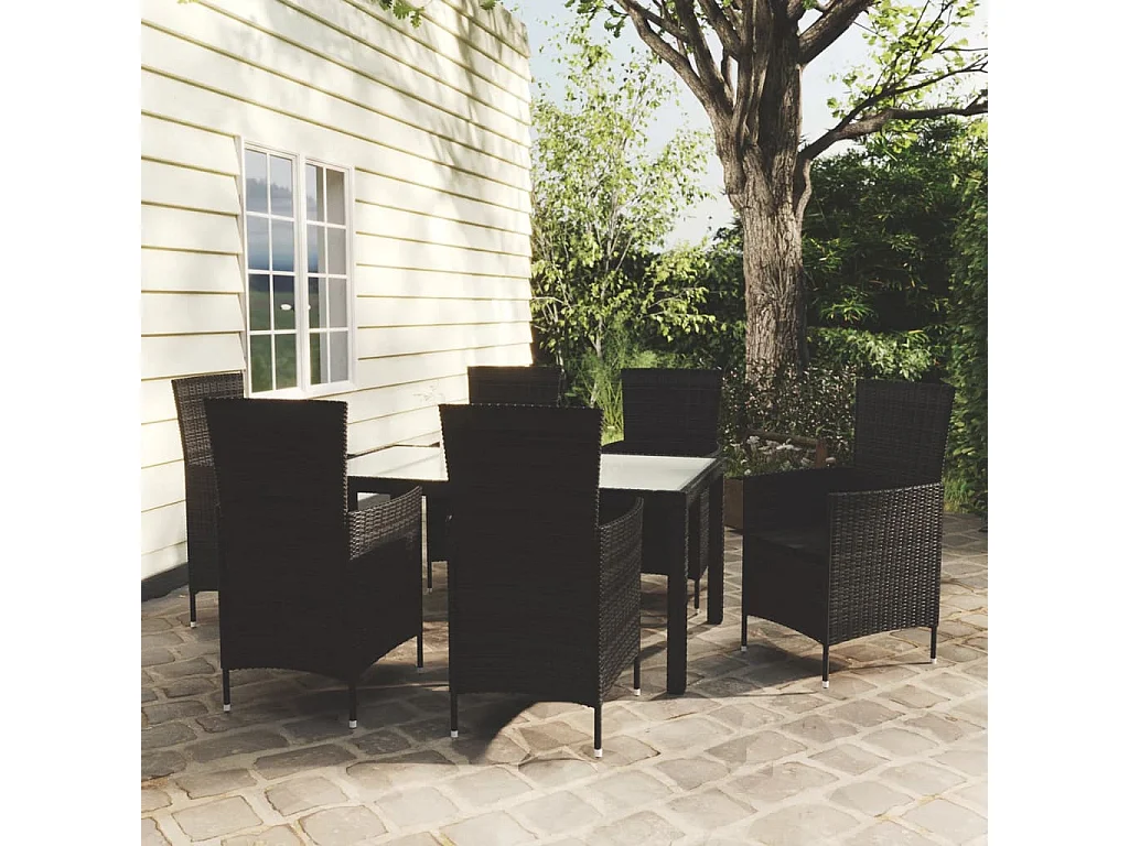 7 pcs conjunto jantar exterior com almofadões vime PE preto
