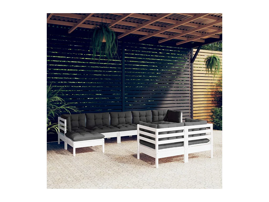 Salon de jardin 9 pcs avec coussins blanc bois de pin massif