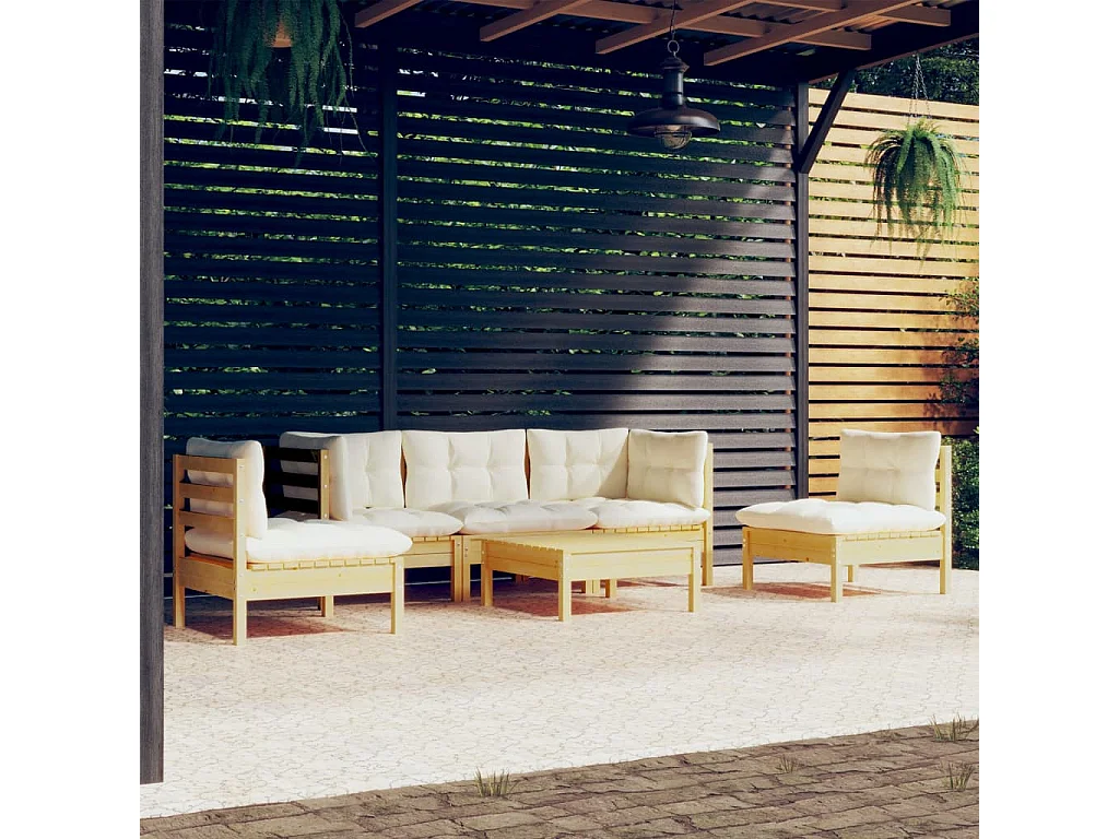 Set Divani da Giardino 6 pz con Cuscini Crema in Massello di Pino