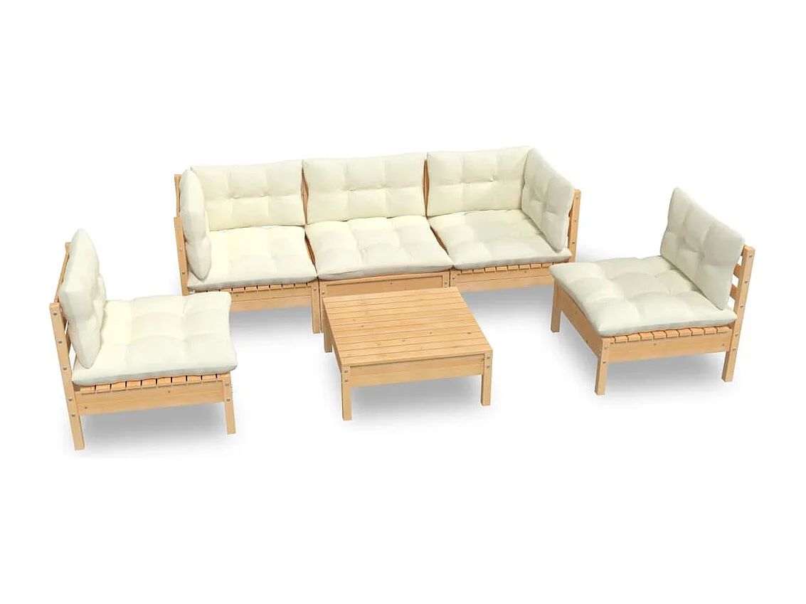 Set Divani da Giardino 6 pz con Cuscini Crema in Massello di Pino