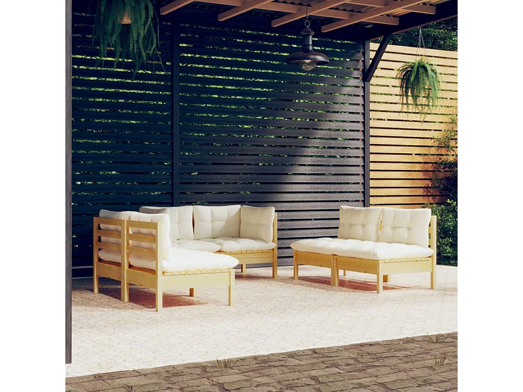 Salon de jardin 6 pcs avec coussins crème Bois de pin massif