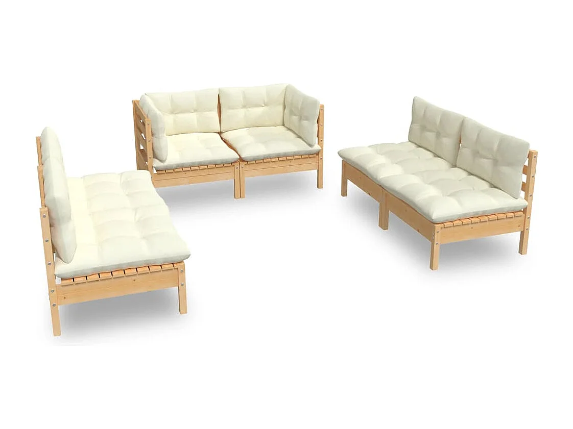 Salon de jardin 6 pcs avec coussins crème Bois de pin massif