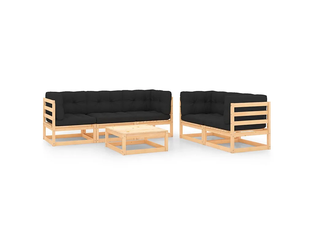 6 pcs conjunto lounge de jardim c/ almofadões pinho maciço